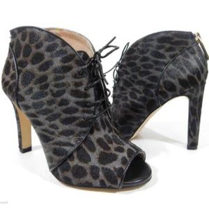 Leopard Print Grey Calf Hair Peep Toe Ankle Booties